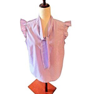 Tamara H. Womens Ruffle Cap Sleeve Blouse Size M Pin Stripe Print V-Neck Tie